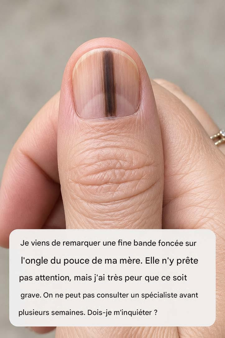 Je viens de remarquer une rayure verticale foncée sur l'ongle du pouce de mon père. Il n'y prête pas attention, mais je crains que ce soit grave, et nous ne pouvons pas consulter un spécialiste pour le moment.