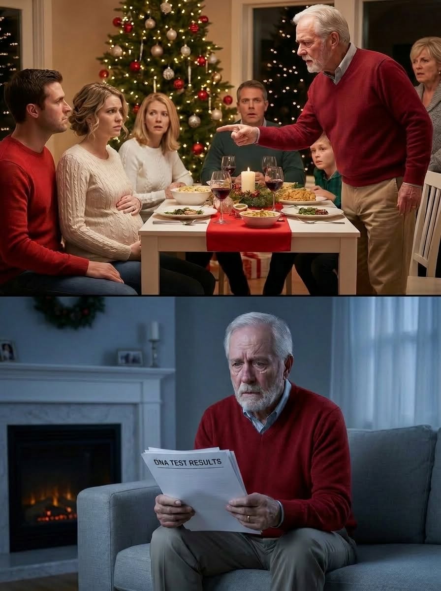 Le soir de Noël, j'ai tenu la main de mon mari et murmuré : « Je vais être maman. » Un silence de mort s'est abattu sur la table. Mon beau-père s'est levé d'un bond et m'a pointée du doigt : « Toi et cet enfant, vous n'avez pas votre place dans cette famille ! » Je n'ai pas pleuré. J'ai simplement posé un cadeau devant lui et dit : « Alors, ouvre-le après mon décès… »